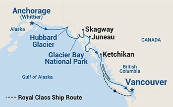 7-Day Voyage of the Glaciers with Glacier Bay (Southbound) Itinerary Map